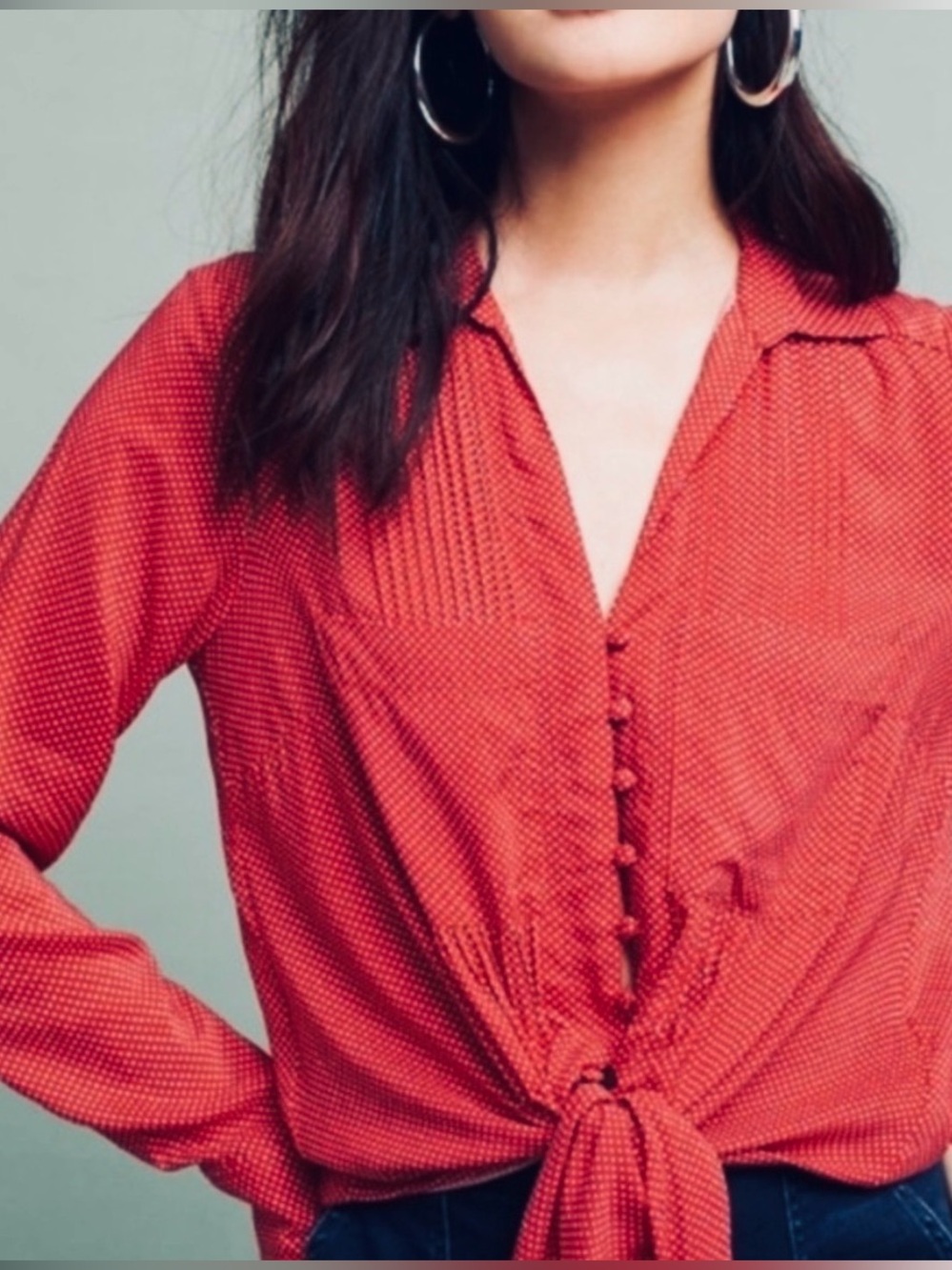 Maeve Red and White Polka Dot Button-Front Long-Sleeve Rayon Blouse Size M